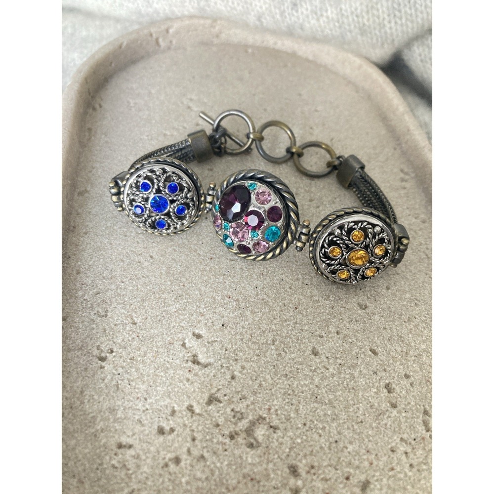Floral Rhinestone Bracelet Ornate Round Link Statement Antiqued Silver‎ Tone